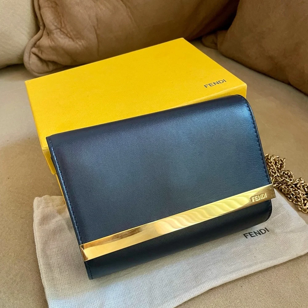 FENDI Lambskin Mini Rush Clutch in Navy - Picture 11 of 14